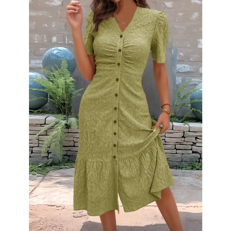Eyelet Button Front V-Neck Midi Dress