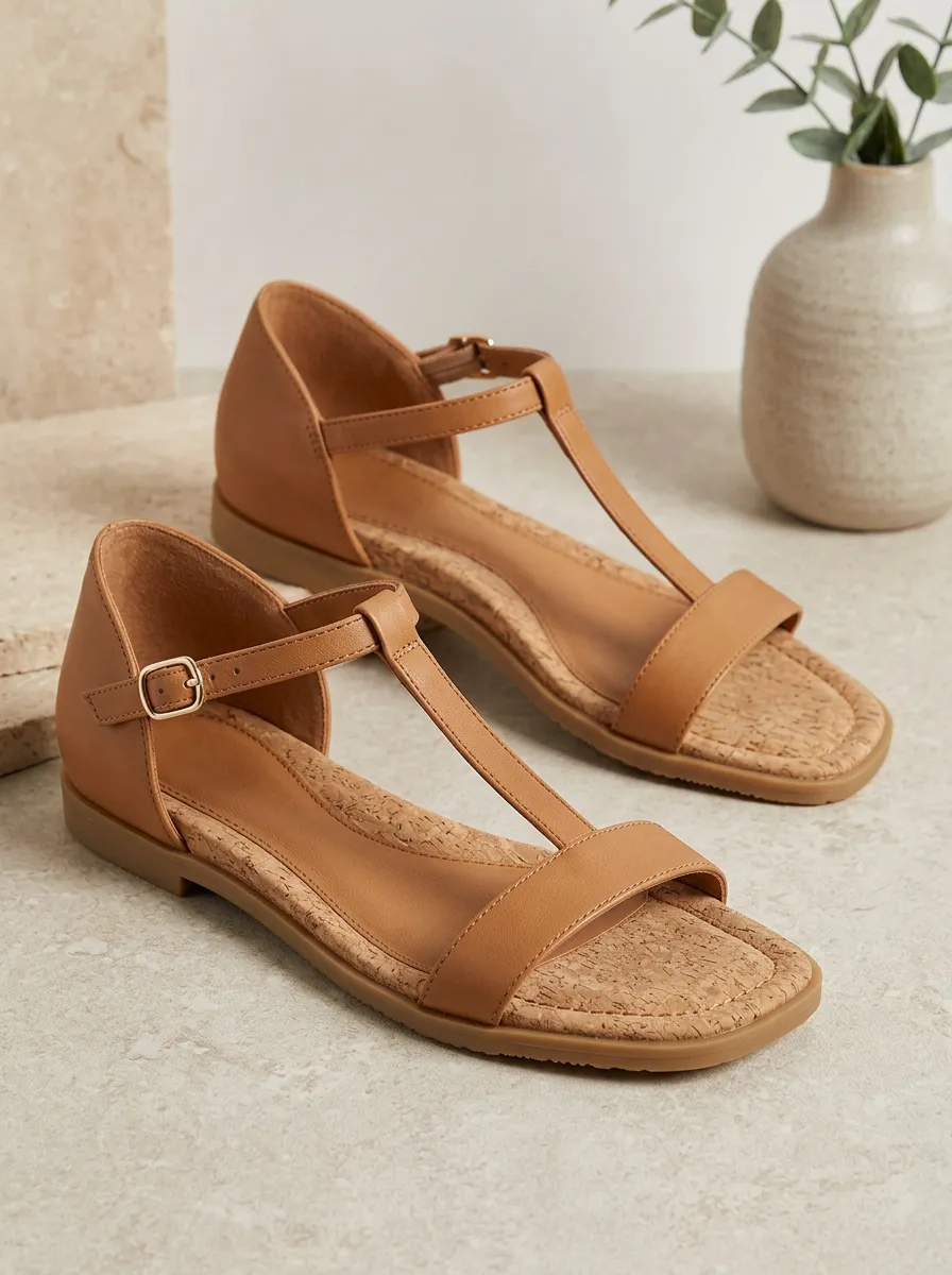 Women's Flat Sandals T Strap Cork Detail