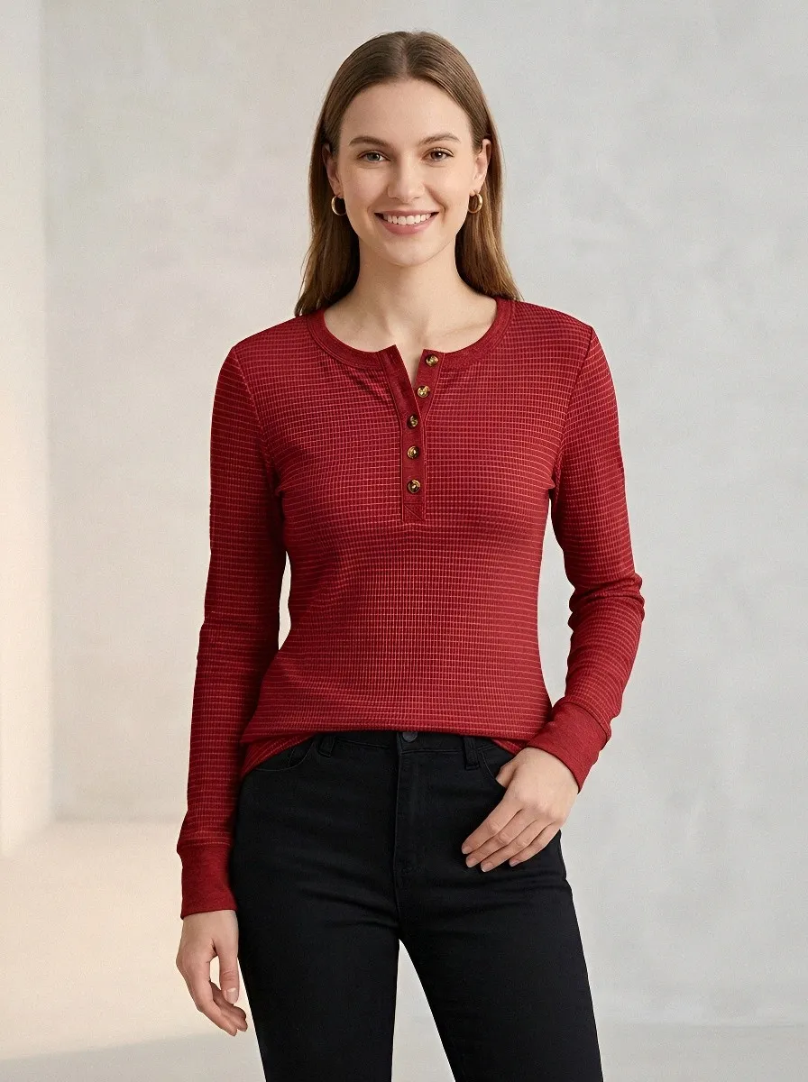 Women's Casual Minimalist Beige Grid Pattern Printed Henley Shirt