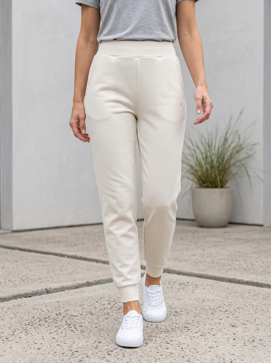 Women's Casual Minimalist Beige High-Waisted Joggers