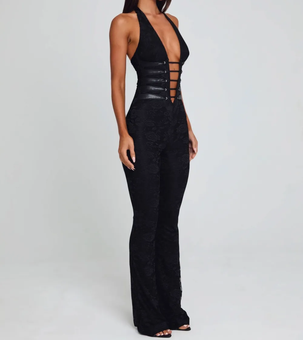 Black Lace Mesh Halter Jumpsuit