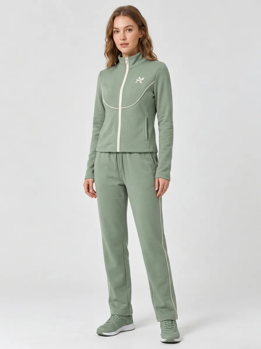 Women's Graphic Sage Green Zip-up Tracksuit Set