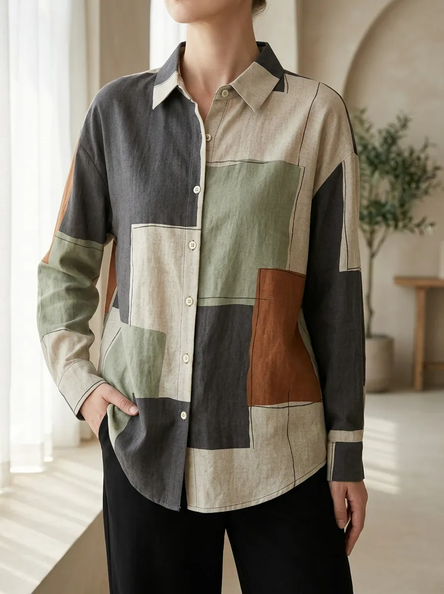 Women's Linear Abstract Geometric Colorblock Shirt