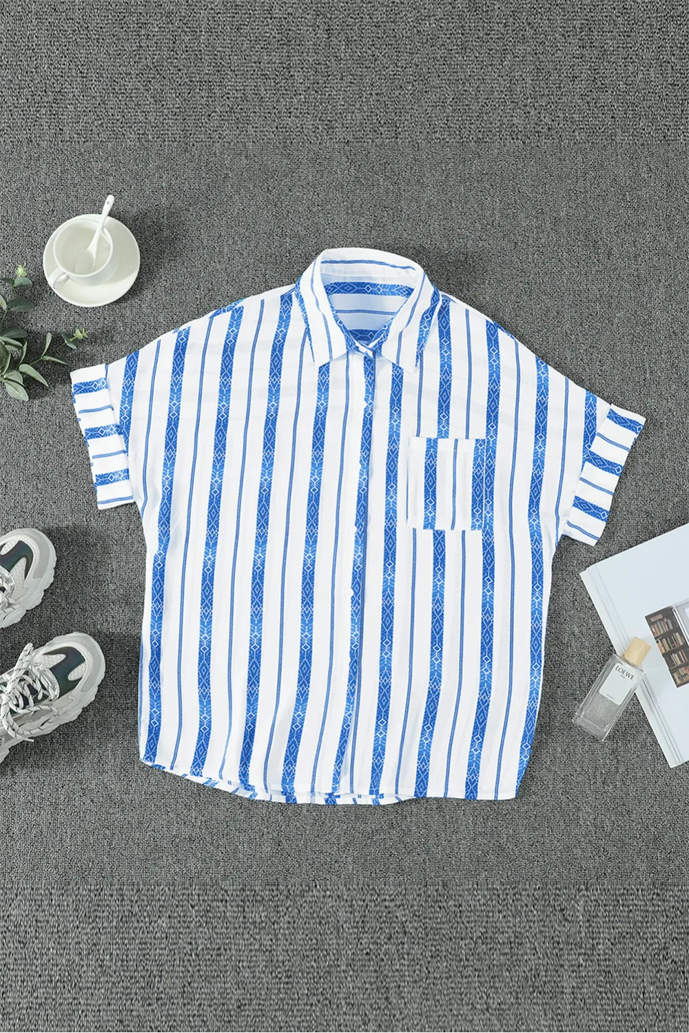 V Neck Stripes Roll Up Shirt