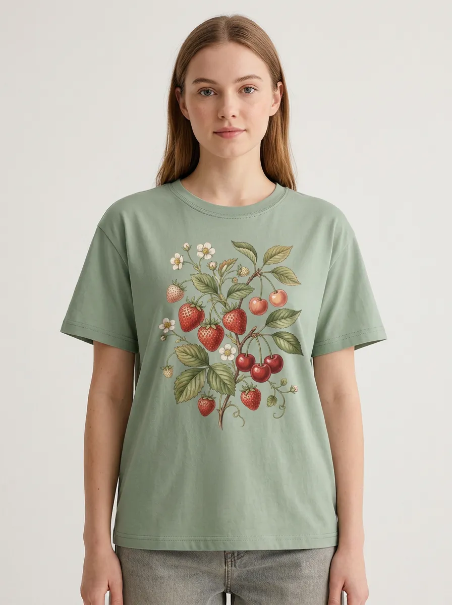 Women's Botanical Strawberry Cherry Printed T-shirt