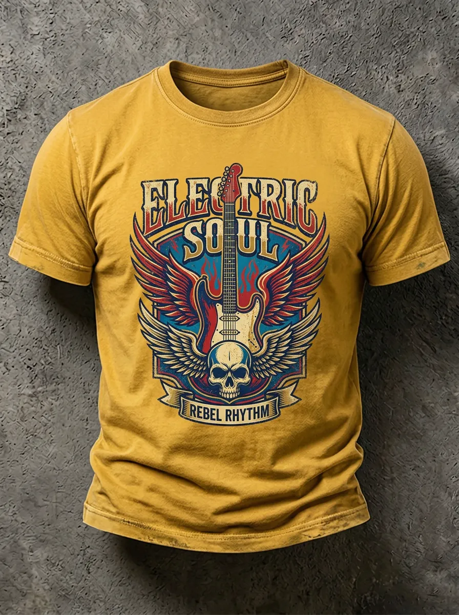 Unisex Rock Music Lover Electric Guitar Skull Printed T-shirt