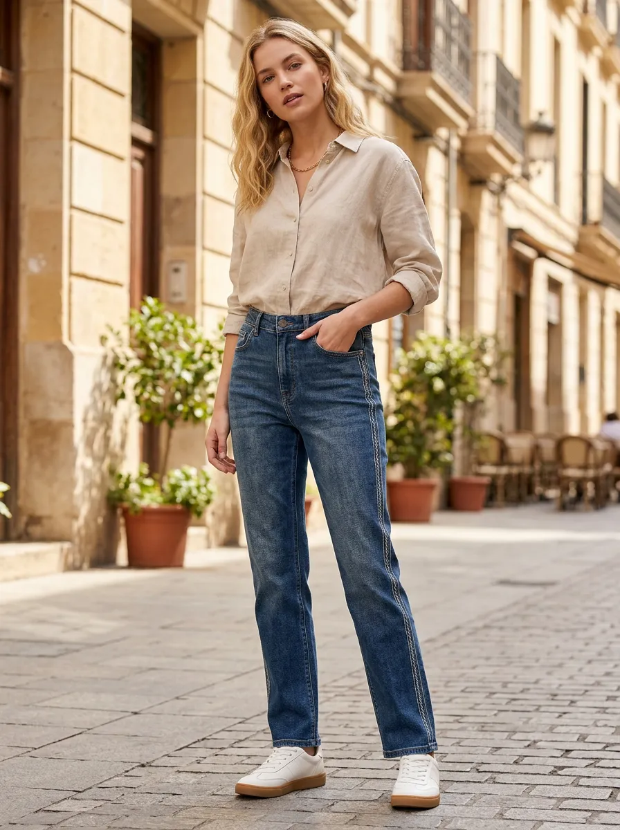Women's Casual Fashion Side Stripe Detail Printed Jeans