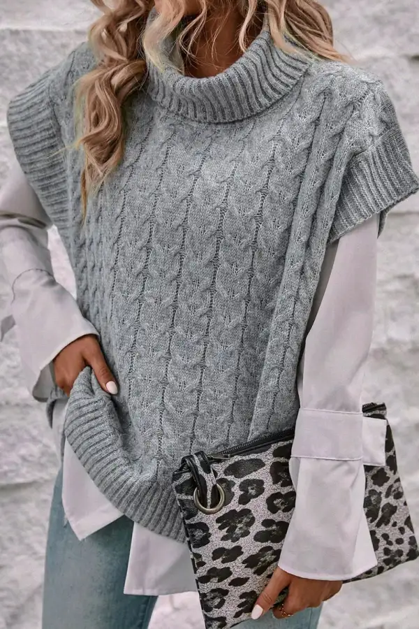 Short Sleeve Turtleneck Cable Knit Sweater