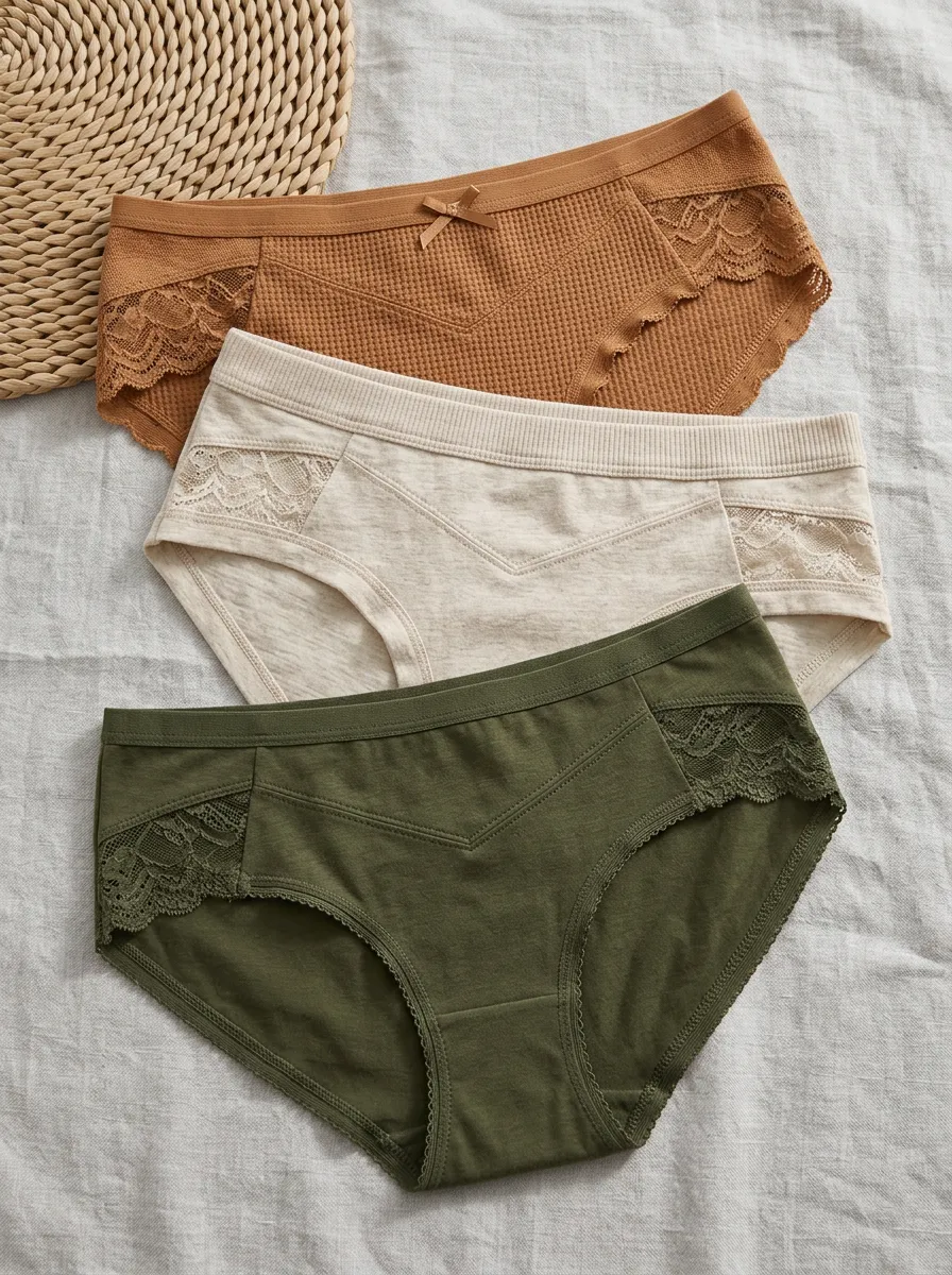Women's Lace Trim Waffle Knit Cotton Panties Set