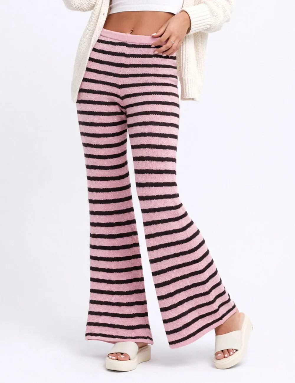 Striped Knit Flared Leg Elastic Waist Pants