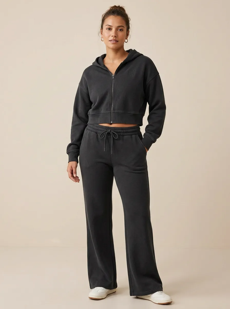 Women's Refined Sport Inspired Cropped Hooded Jacket and Flare Pants Active Set