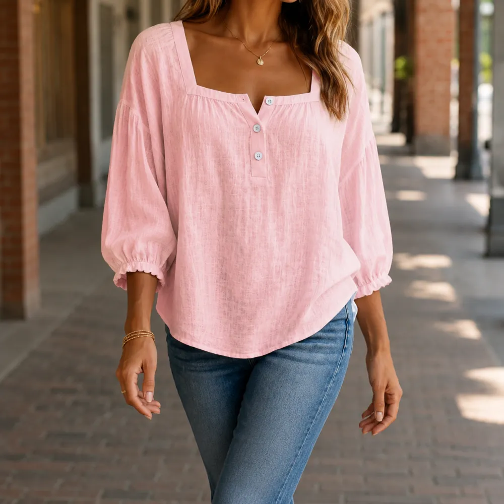 Square-Neck Cotton-Linen Blouse