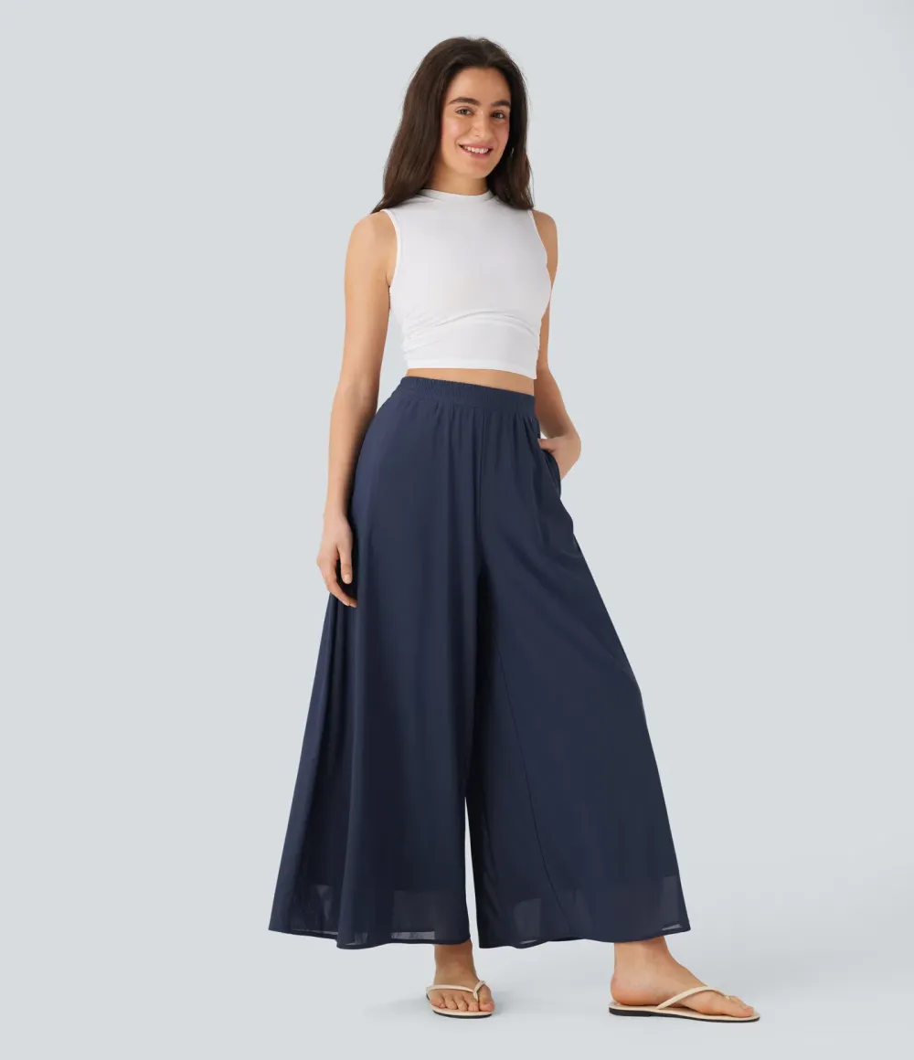 High Waisted Pocket Mesh Overlay Wide Leg Casual Pants