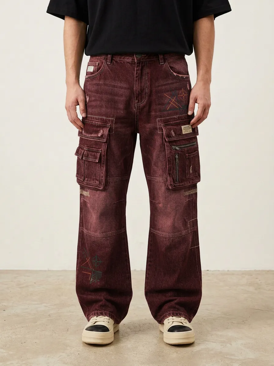 Men's Streetwear Geometric Cross Printed Distressed Denim Cargo Jeans
