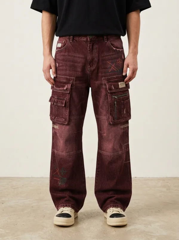 Men's Streetwear Geometric Cross Printed Distressed Denim Cargo Jeans