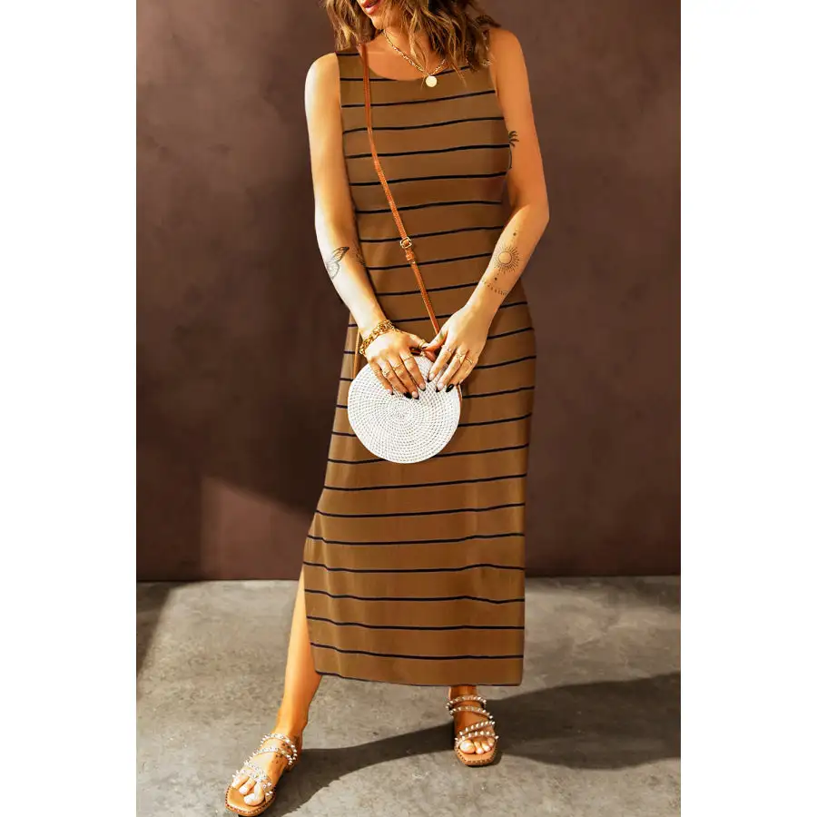 Striped Slit Sleeveless Maxi Dress