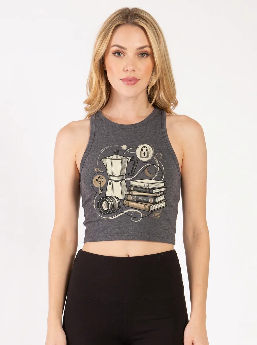 Women's Coffee Book Camera Lover Printed Crop Tank Top
