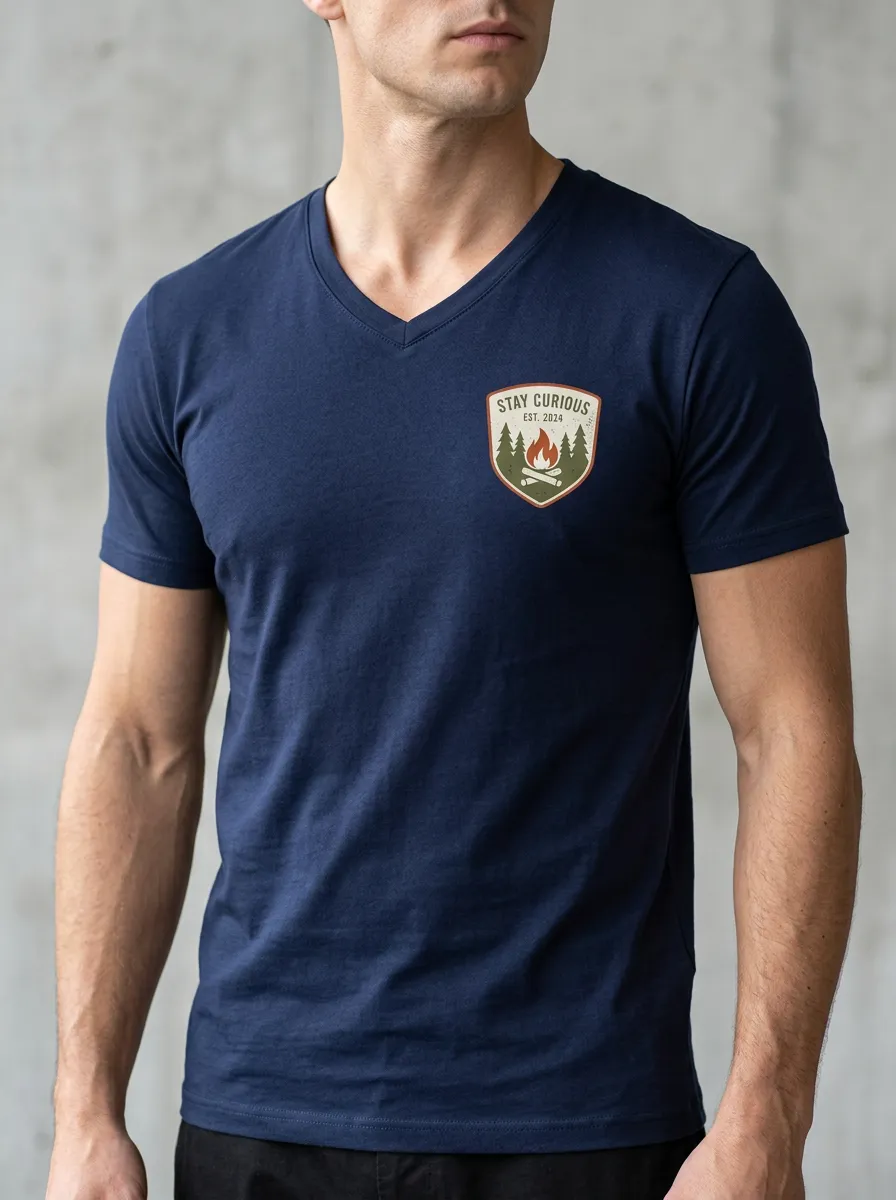 Men's Camping Lover Stay Curious Campfire Forest Printed V-neck T-shirt