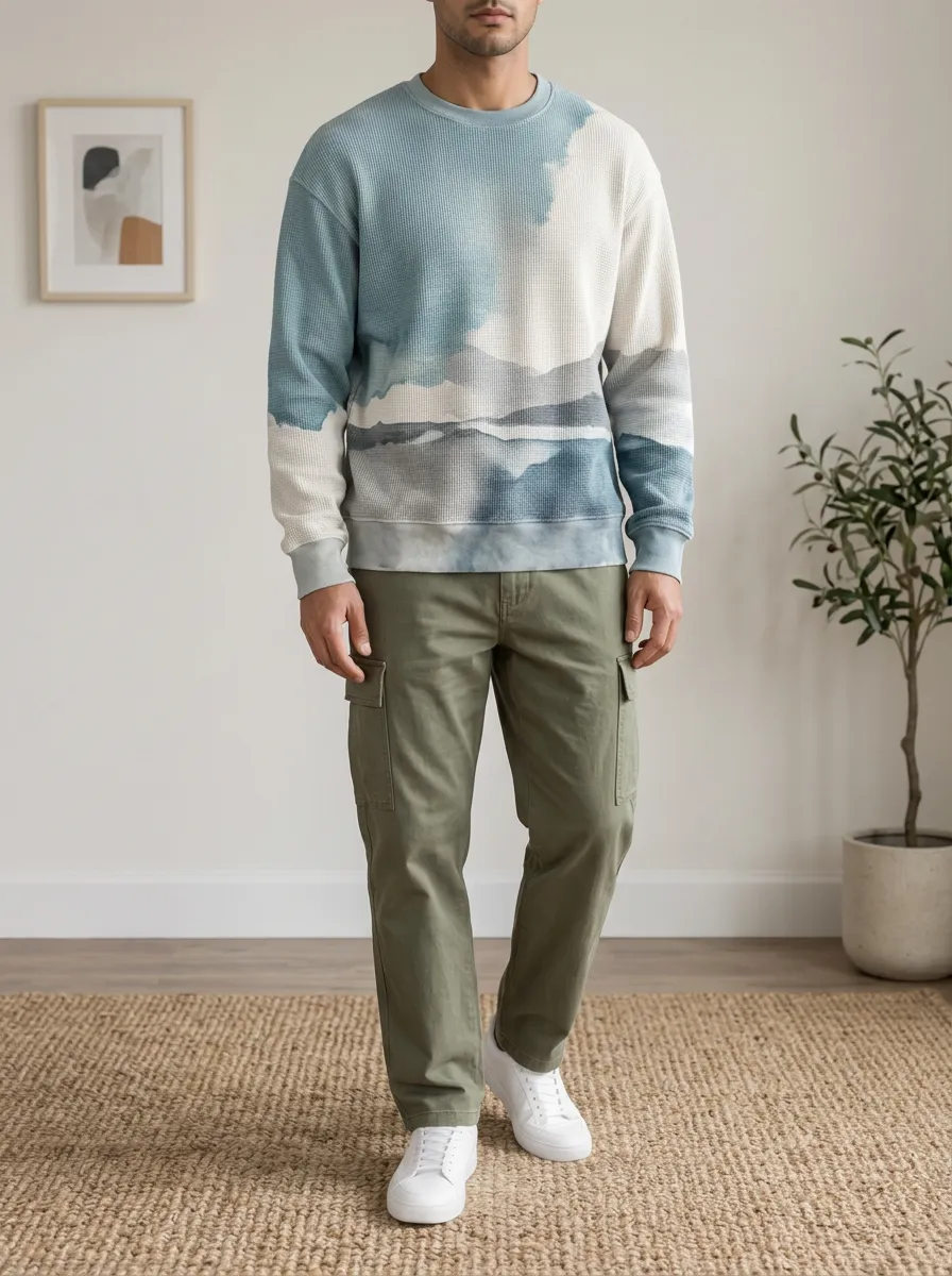 Men's Abstract Landscape Waffle Knit Printed Crewneck Sweatshirt