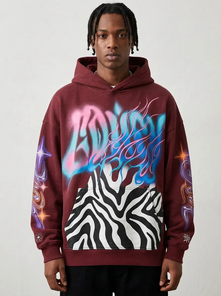 Unisex Streetwear Graffiti Flame Zebra Layered Print Hoodie