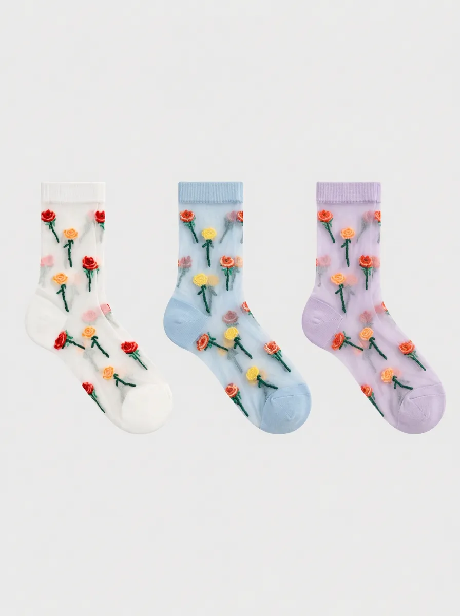 Women's Multicolor Floral Embroidered Sheer Crew Socks 3-Pack