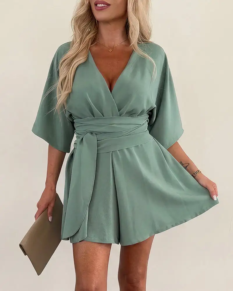 V-Neck Wrap Romper With Tie Waist