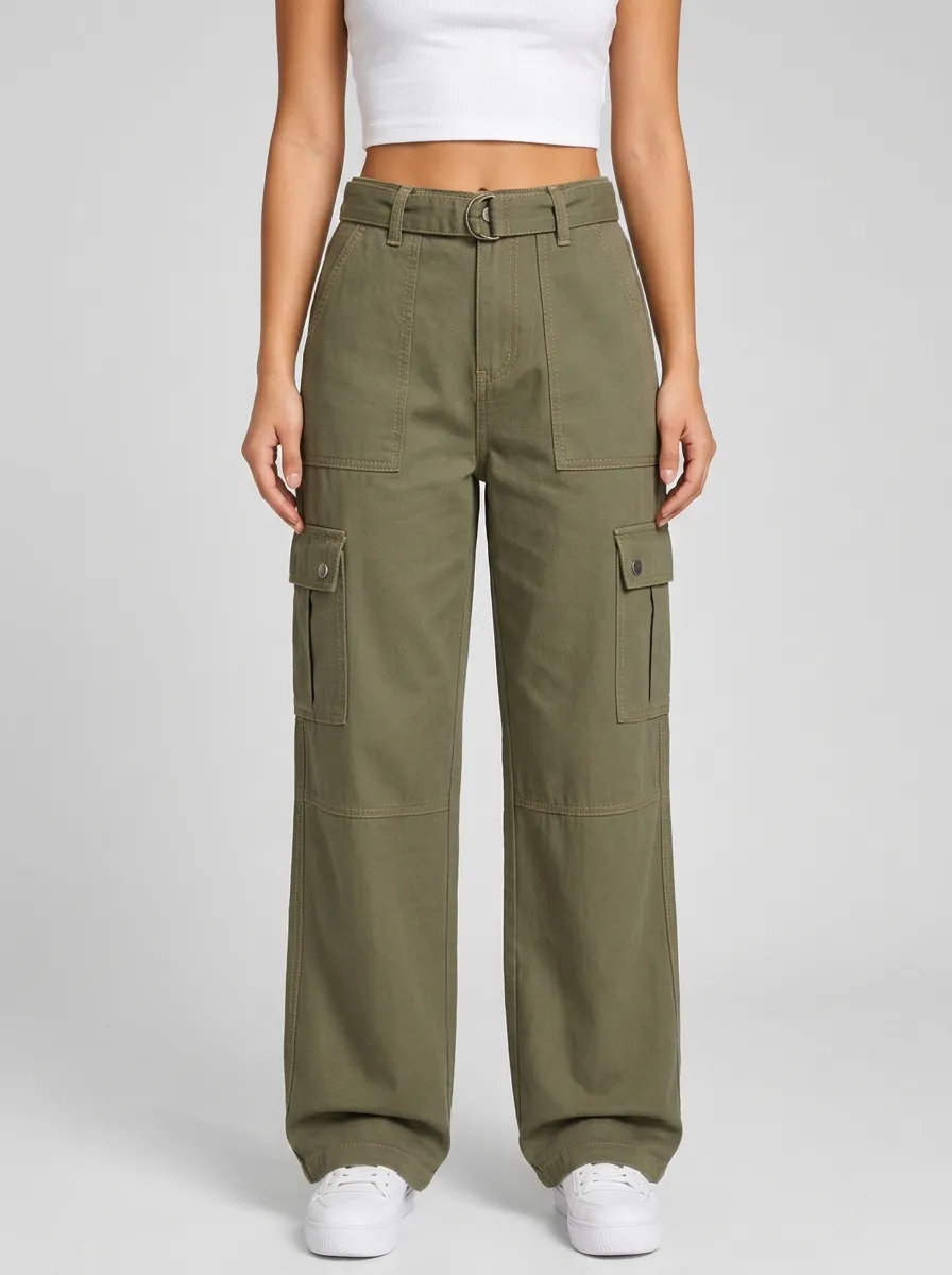 Women's Olive Green Belted Cargo Pants