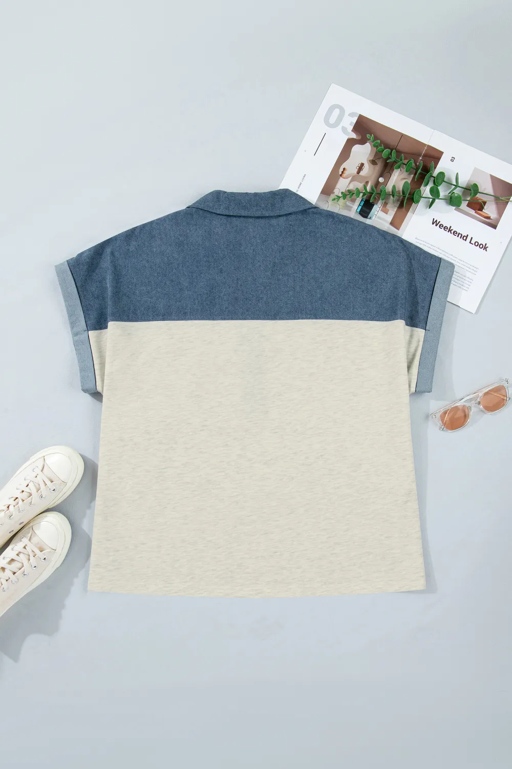 Light Grey Half Buttons Collared Top