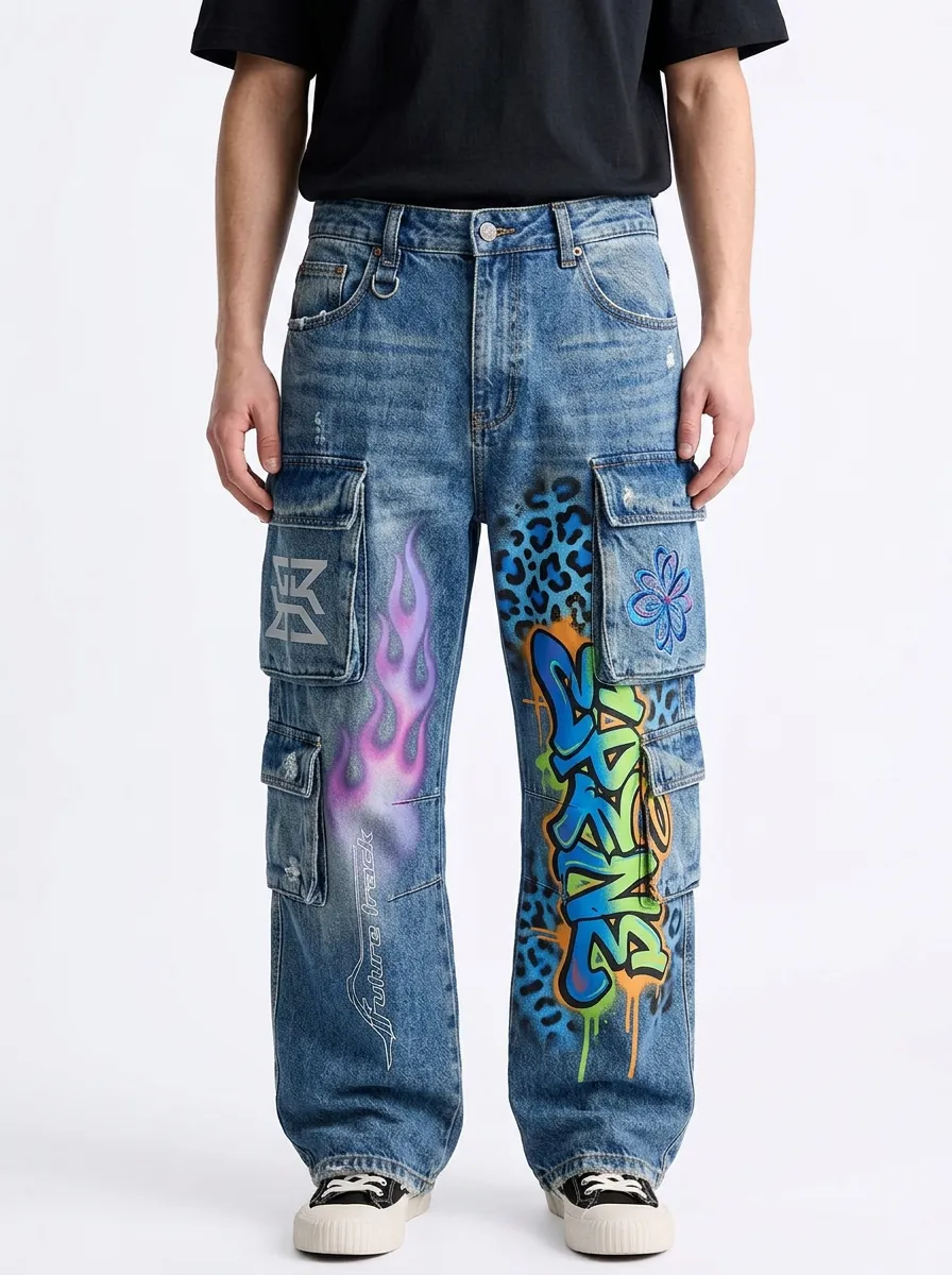 Men's Streetwear Graffiti Flame Leopard Street Art Cargo Jeans