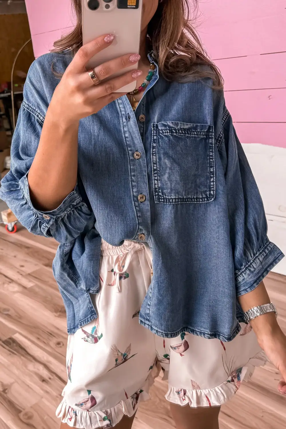 Women's Denim Three Quarter Sleeve Loose Fit Blouse