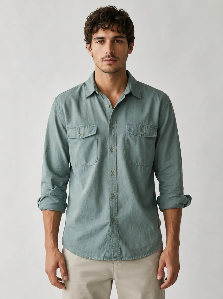 Men's Casual Breathable Sage Green Double Pocket Button-Down Shirt