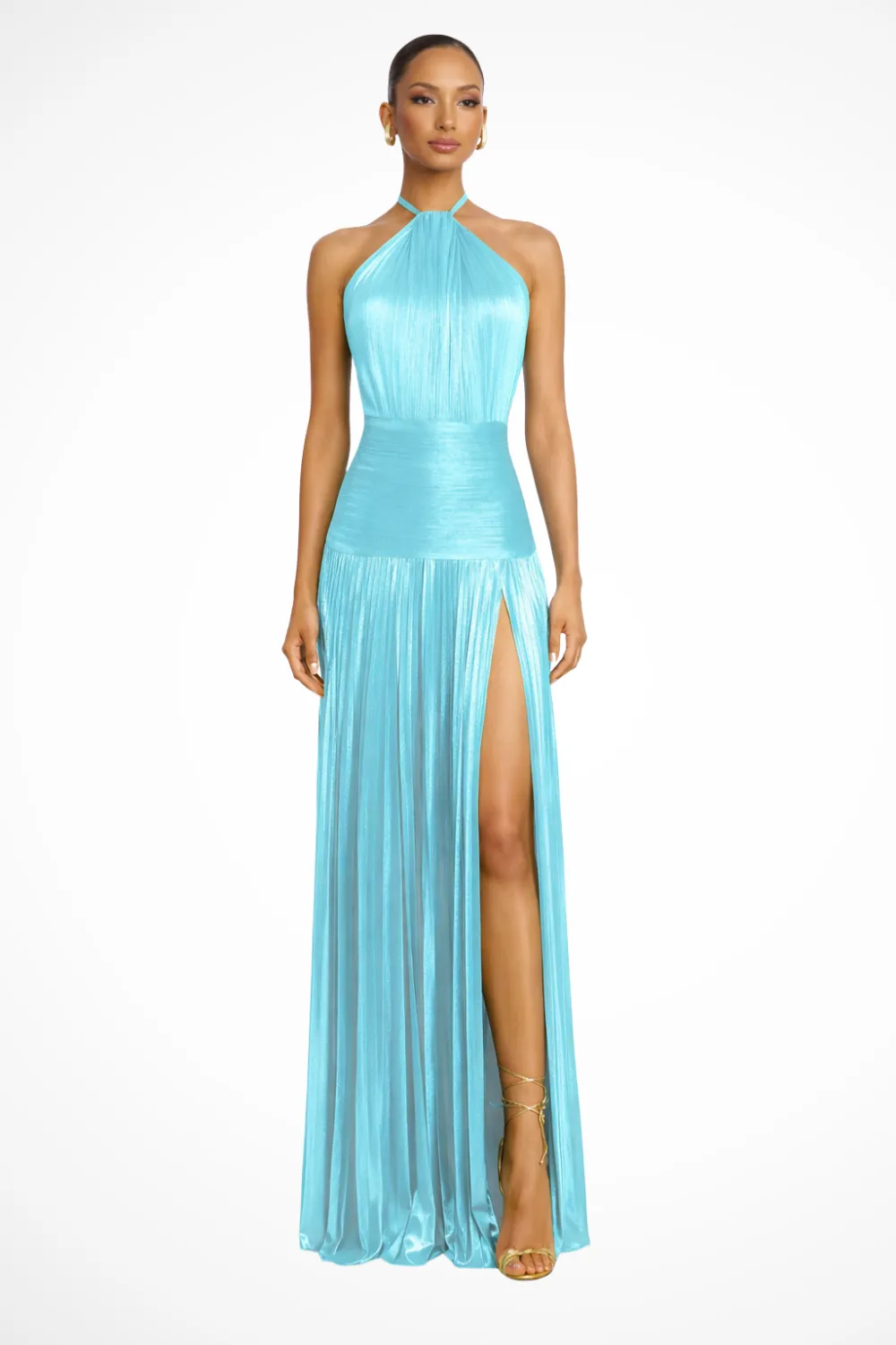  Halter Neck Pleated Satin Maxi Dress