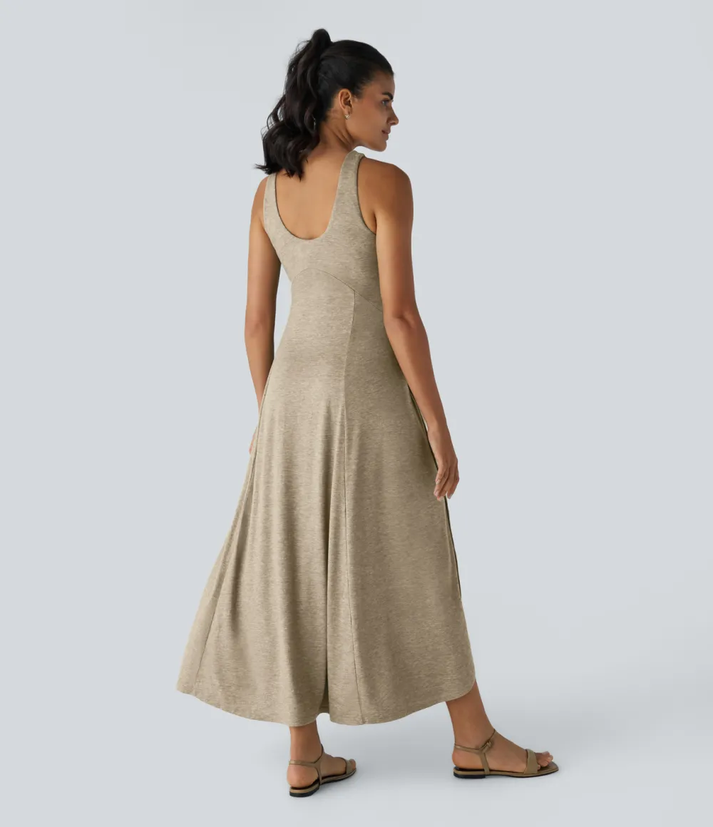 U Neck Backless Split Flowy Maxi Casual Tank Dress