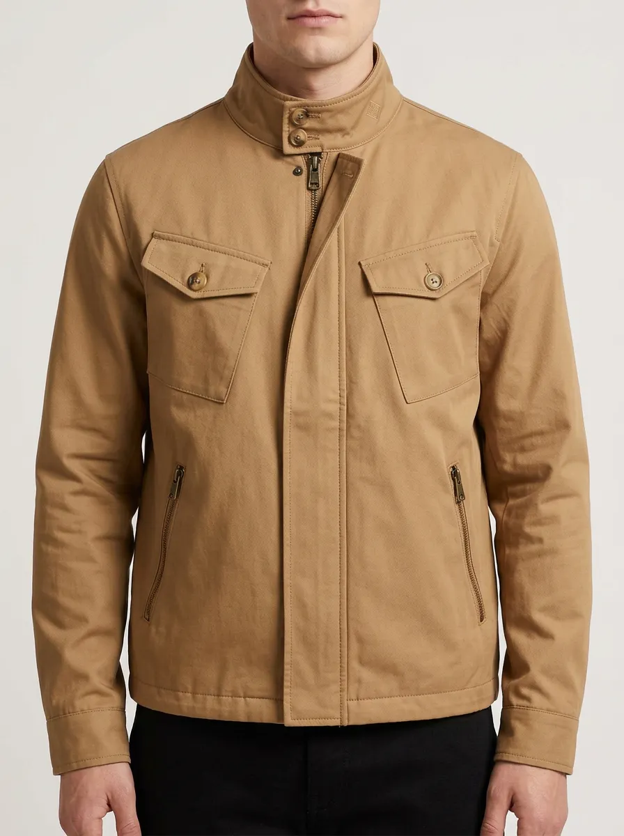 Men's Casual Khaki Military Style Stand Collar Jacket