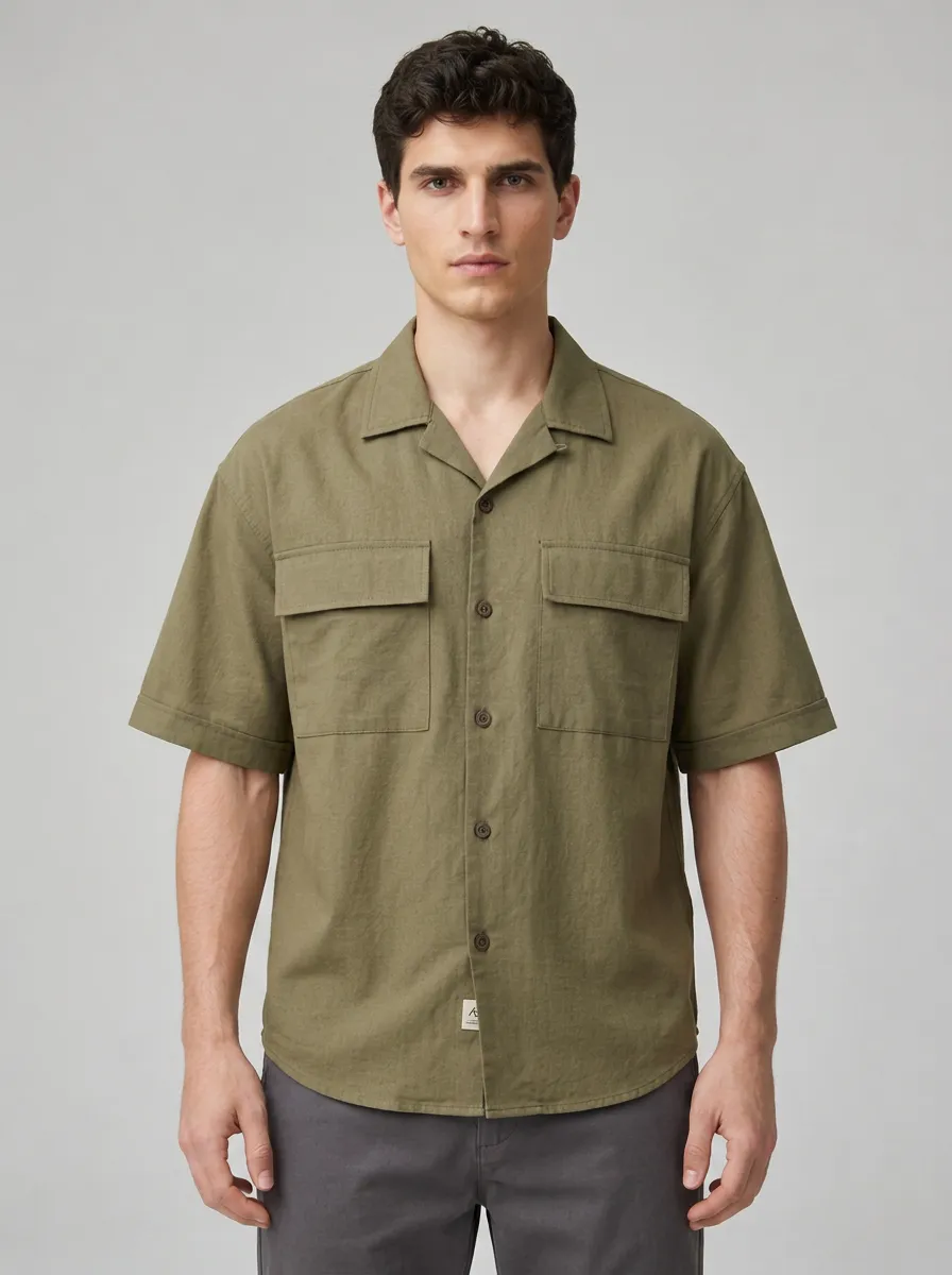 Men's Olive Green Camp Collar Utility Shirt