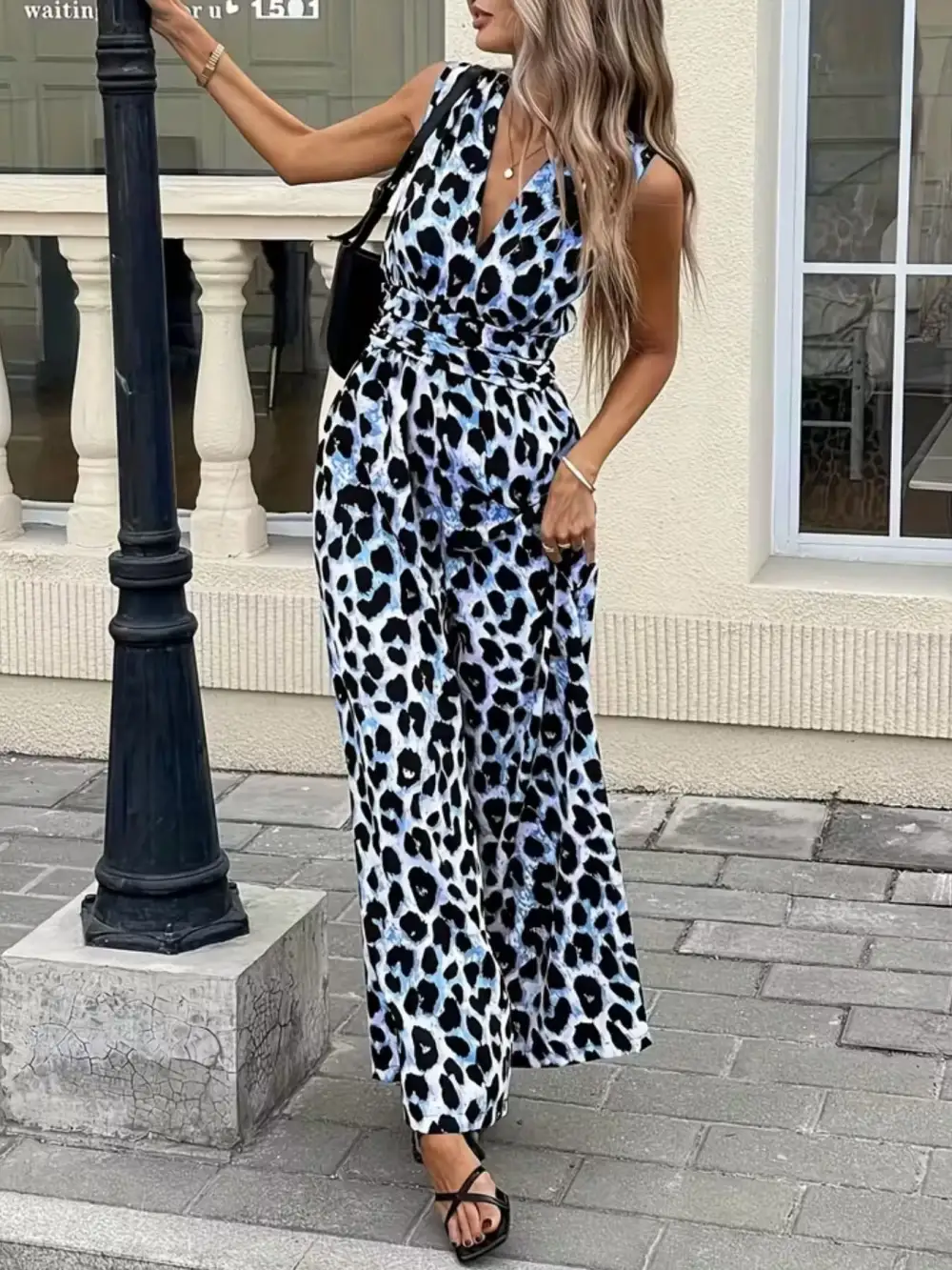 Sleeveless V Neck Leopard Print Wide Jumpsuit