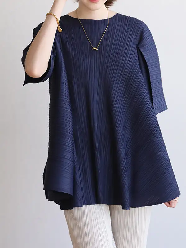 Minimal Relaxed Long Sleeve Tied Pleat Detail Round Neck T-Shirt