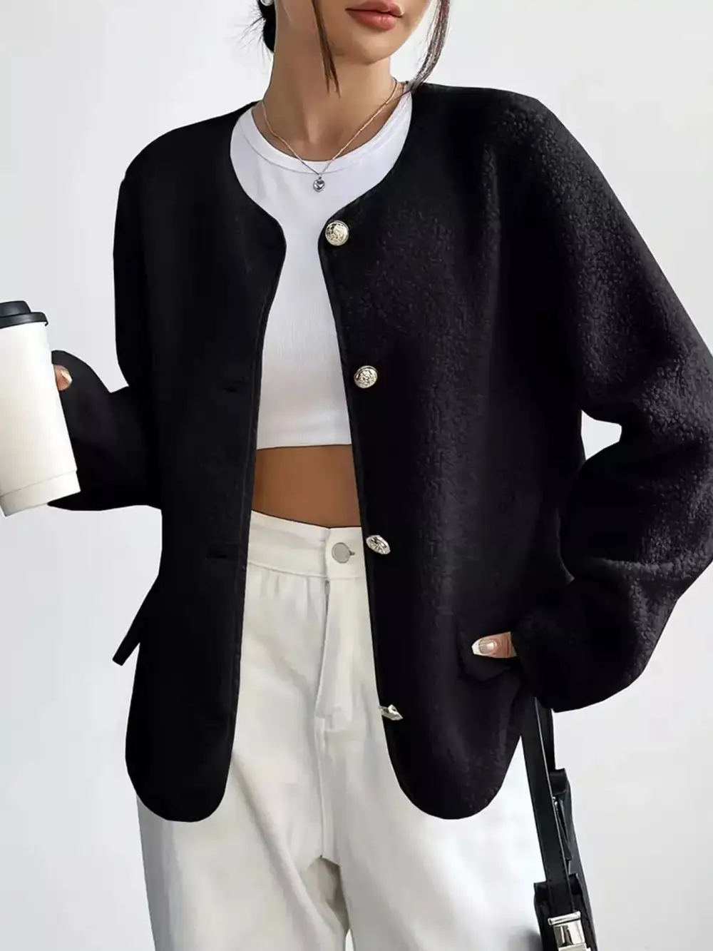Full Size Textured Button-up Fleece Outerwear Plus Size