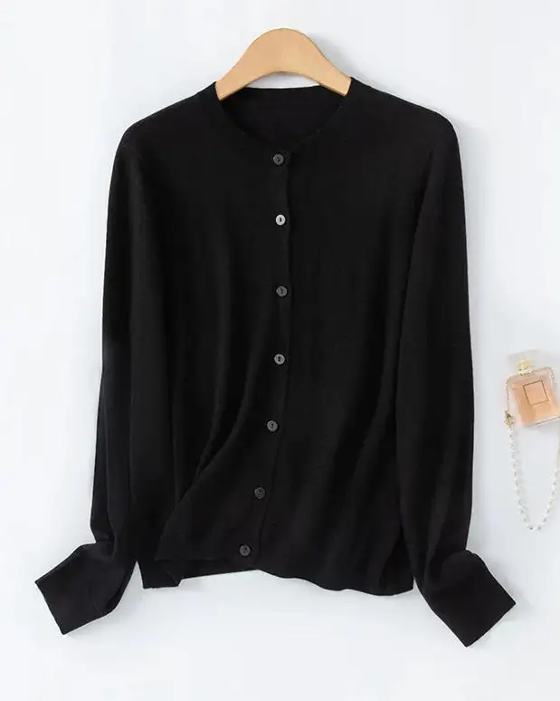 Wool-Blend Wool Button-Front Crew-Neck Cardigan