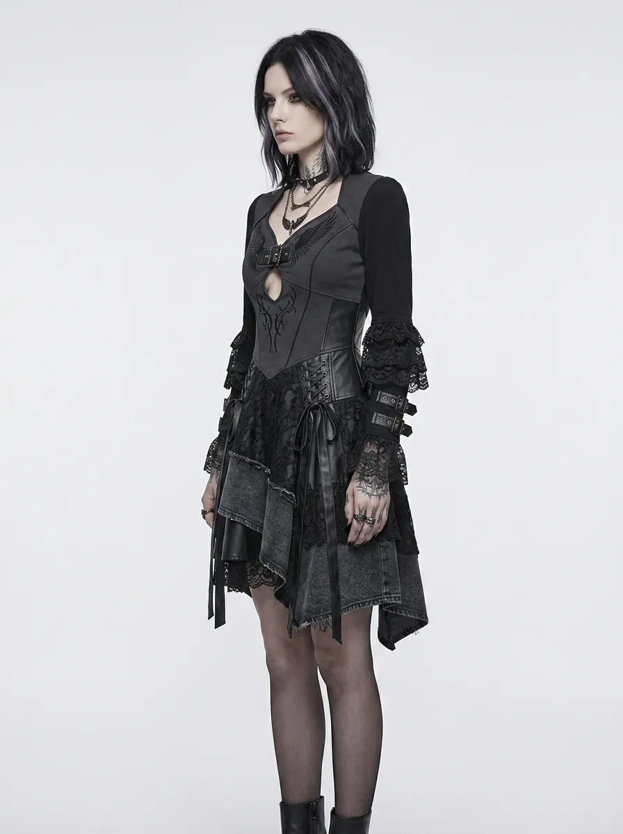 Women's Gothic Punk Wing Embroidery Lace Trimmed Printed Top