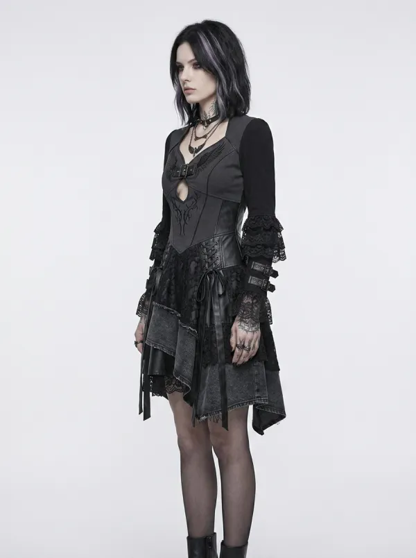 Women's Gothic Punk Wing Embroidery Lace Trimmed Printed Top