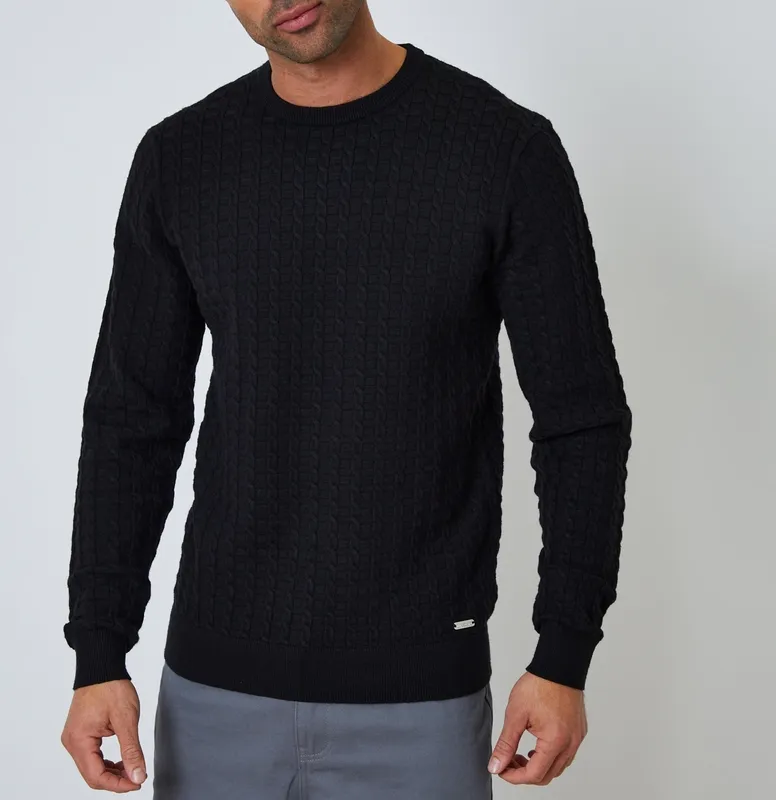 Black Cable-Knit Crewneck Sweater