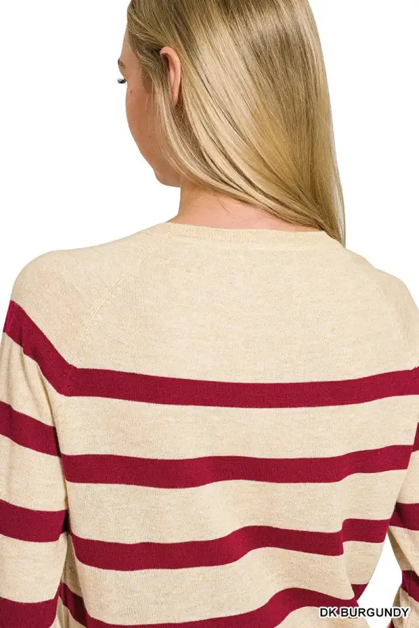 Relaxed Lightweight Wool Blend Striped Round Neck Sweater