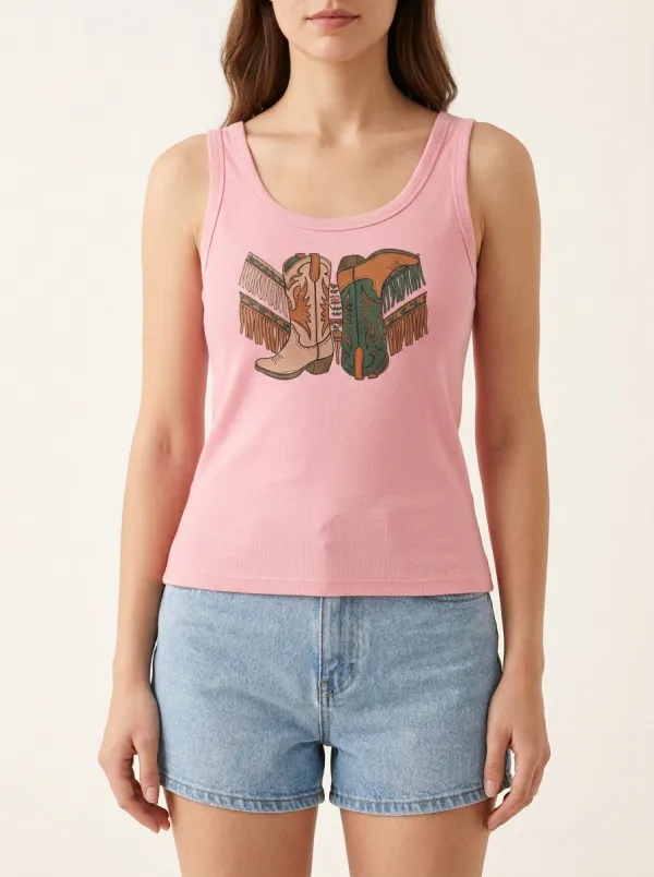 Western Cowboy-Boot Built-In Bra Tank Top