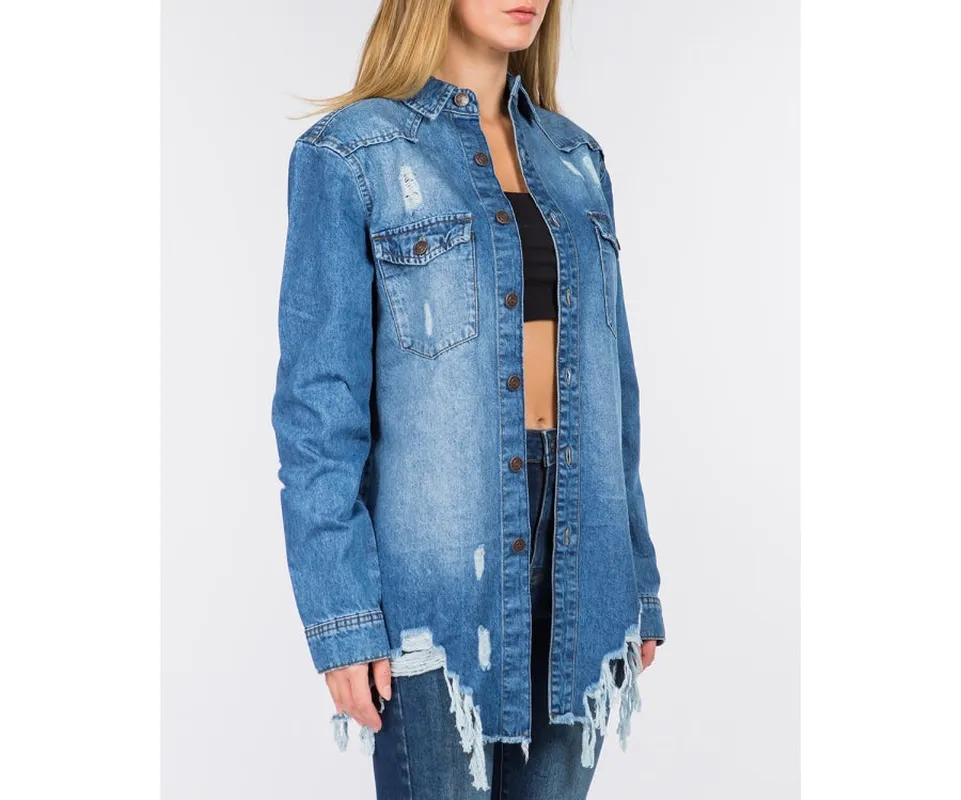Distressed Frayed Hem Denim Jacket