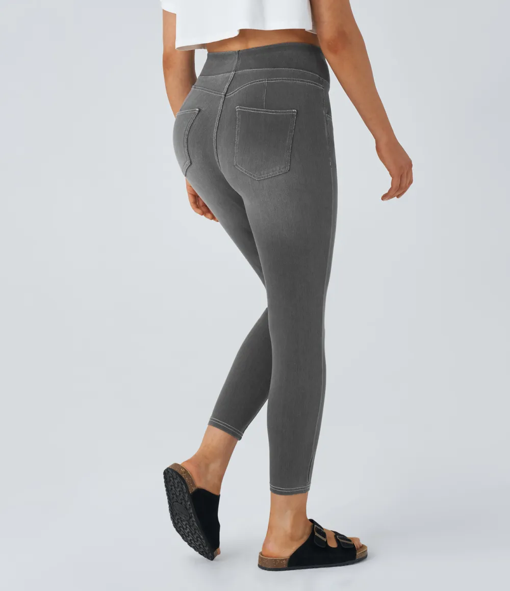 Magic Curvy High Waisted Decorative Button Multiple Pockets Washed Stretchy Knit Casual 7/8 Jeans