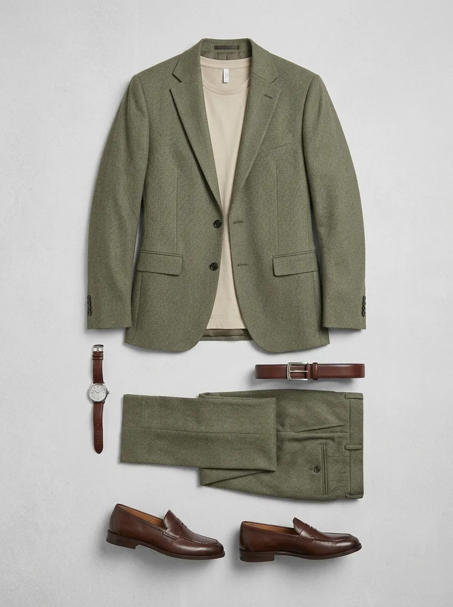 Notch-Lapel Two-Button Single-Breasted Herringbone Men's Two-Piece Suit Set
