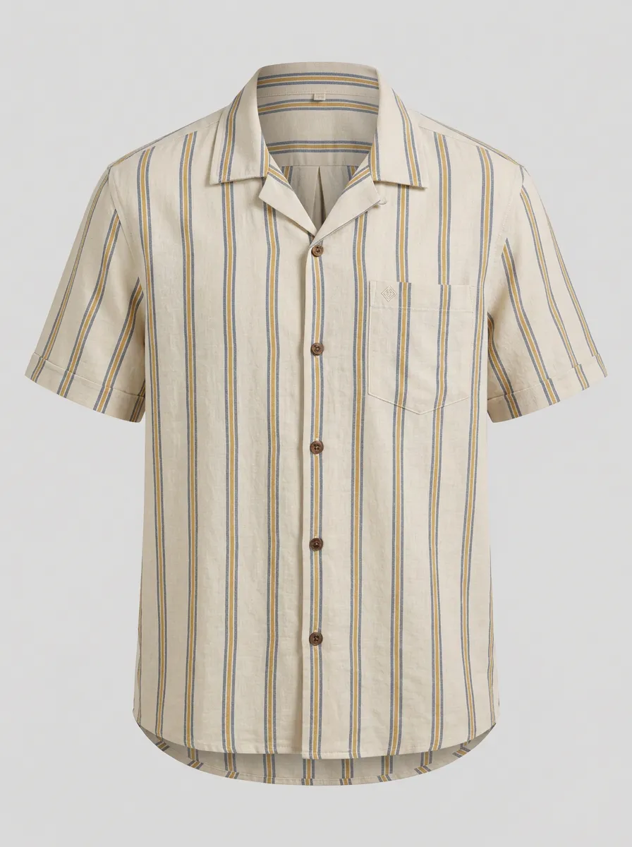 Men's Casual Summer Beige Vertical Striped Printed Short Sleeve Shirt