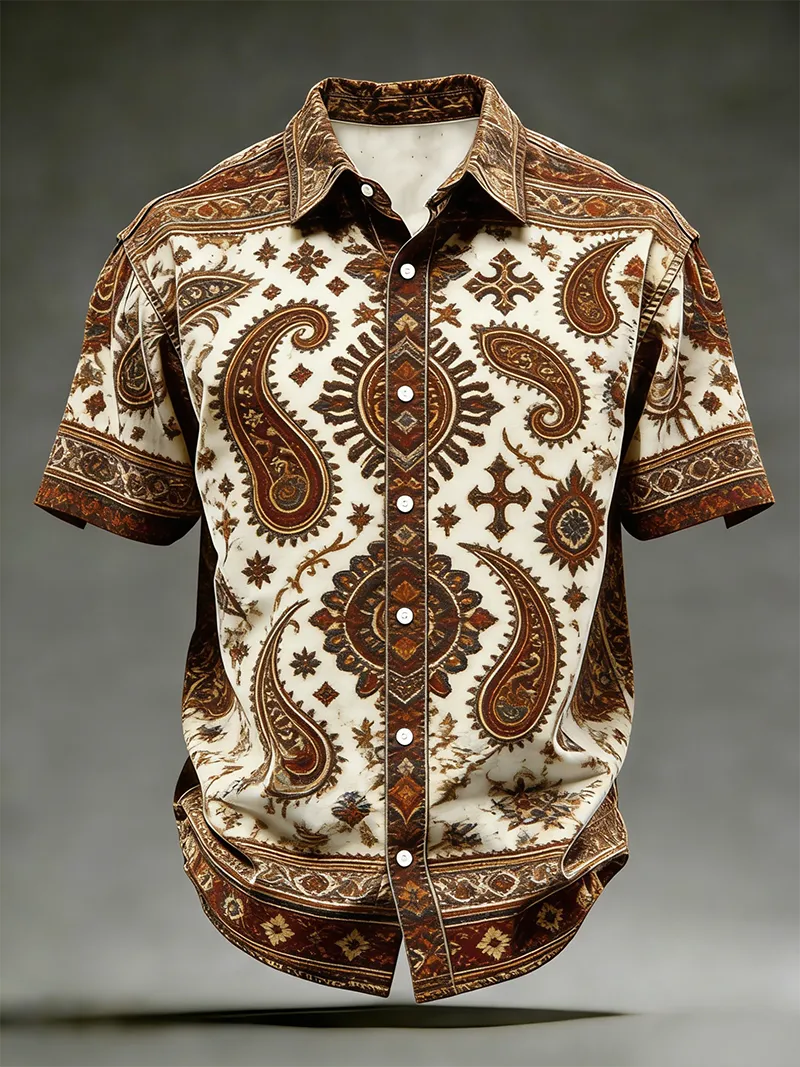 Men's Vintage Paisley Print Short Sleeve Button Down Shirt