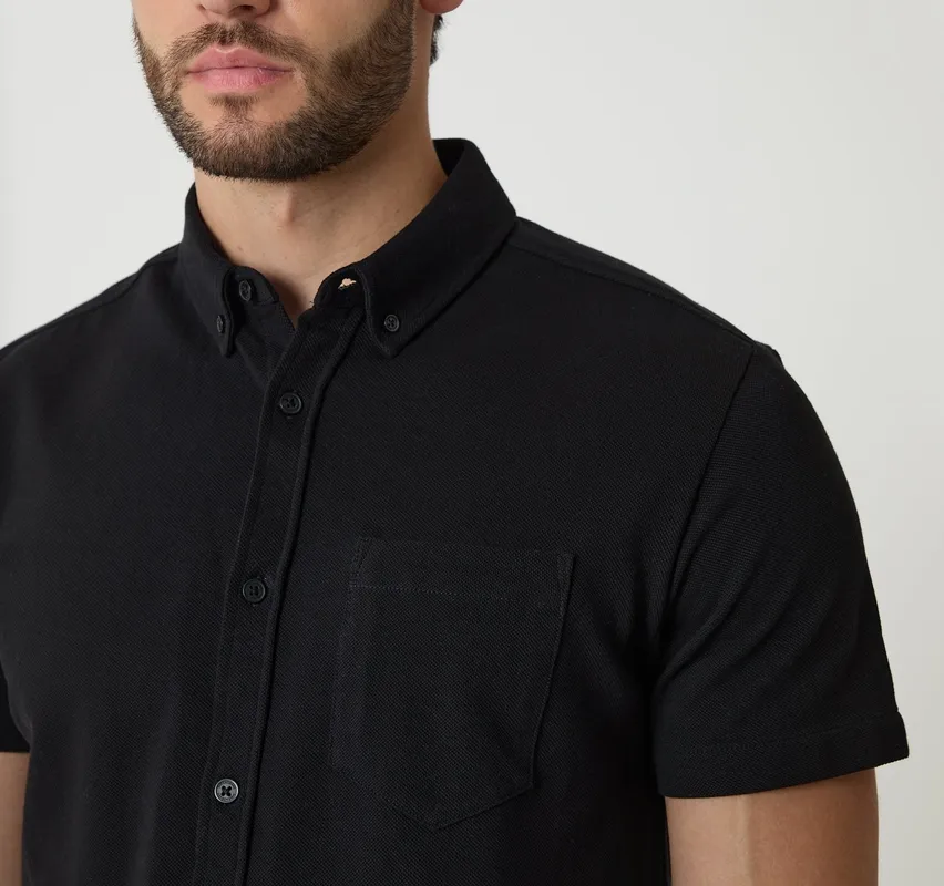 Black Textured Knit Short-Sleeve Shirt
